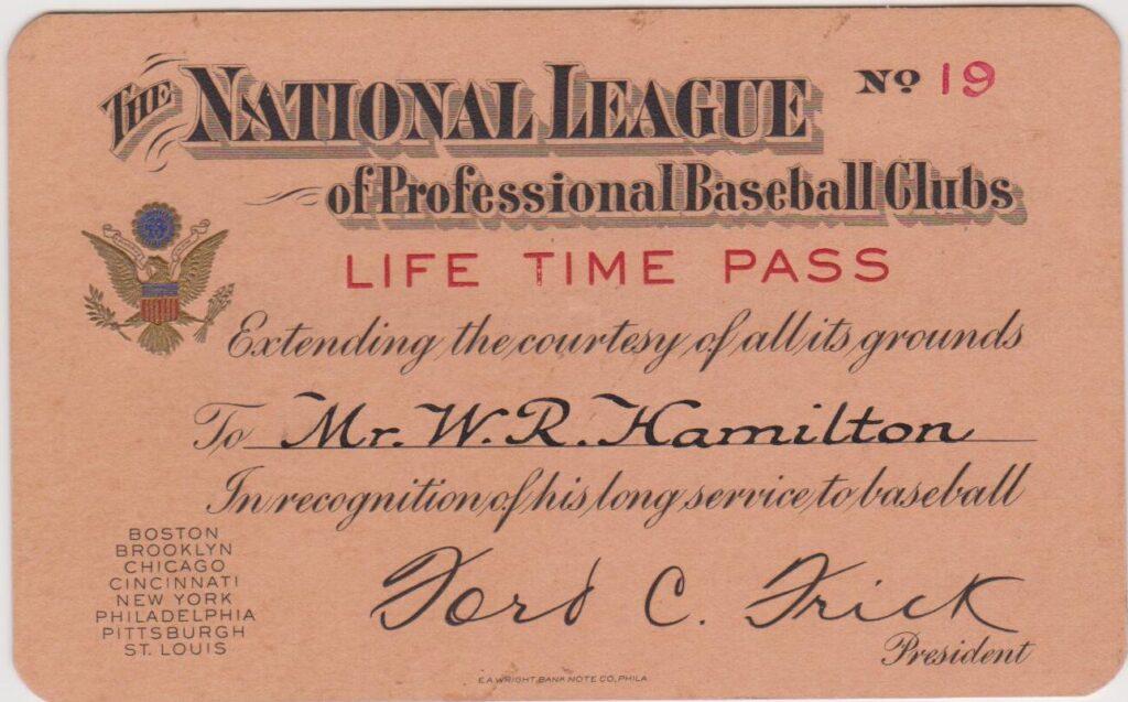 The first lifetime passes were made of paper and only good for NL games - here's one from 19th-century HoFer Billy Hamilton