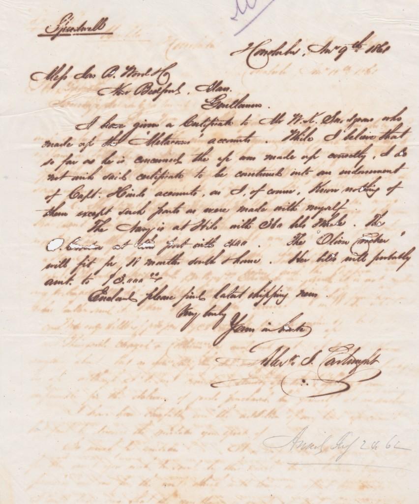 Alexander Cartwright letterpress letter from 1861