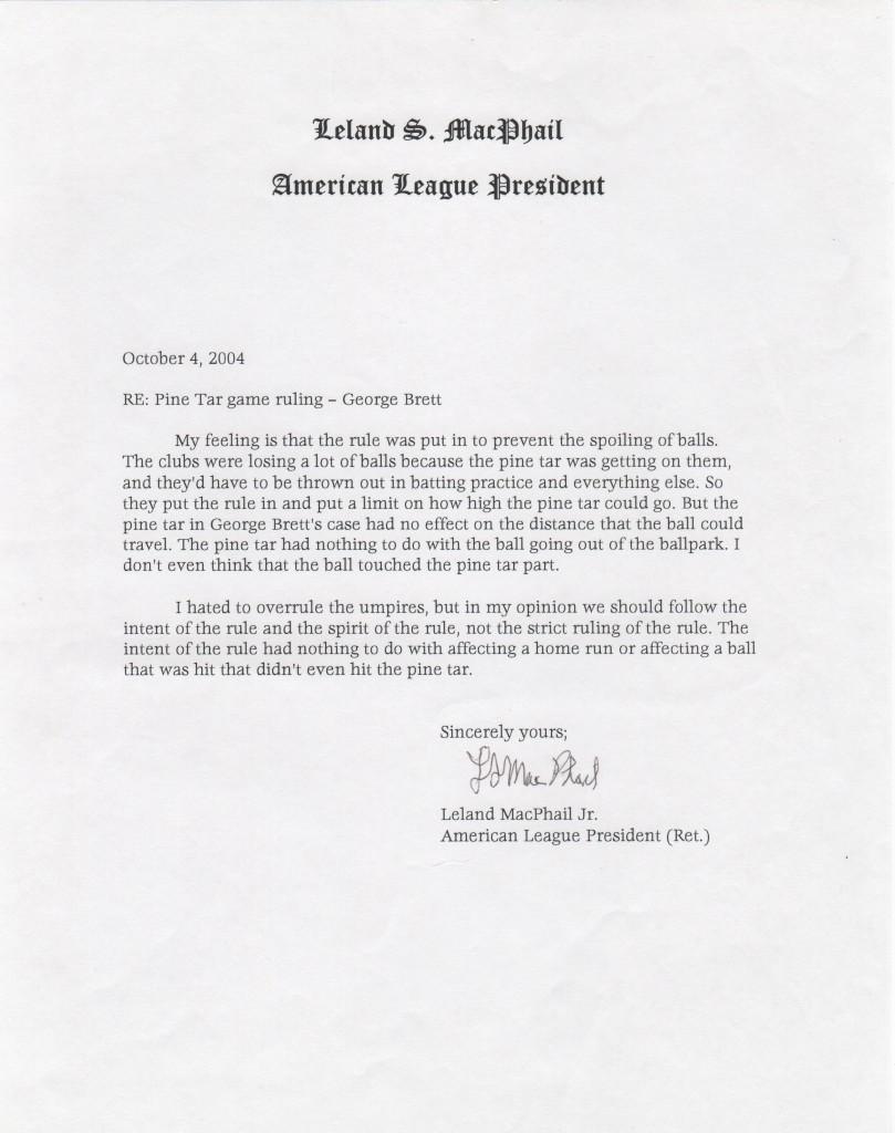 A.L. President Lee MacPhail overturned the on-field decision in the Pine Tar game