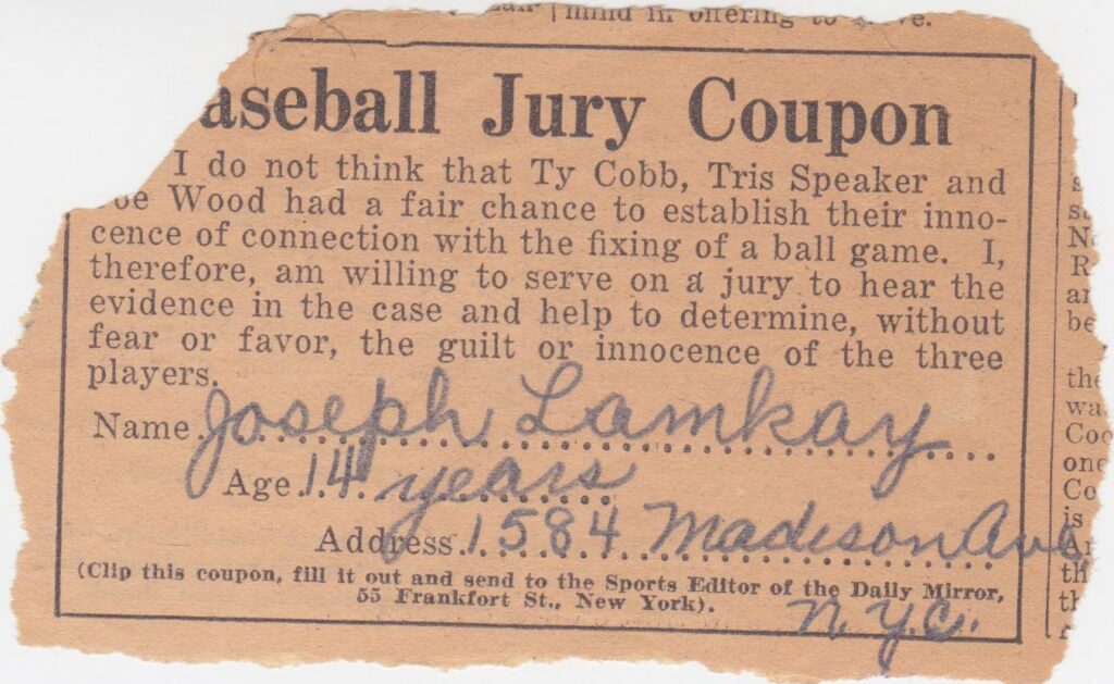 Ty Cobb, Joe Wood, and Speaker were cleared of a game-fixing scandal by Commissioner Landis
