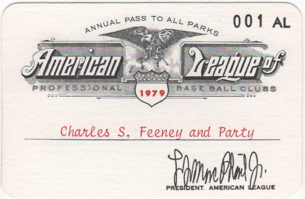 The 1st AL pass for 1979 was issued to NL president Chub Feeney and Party