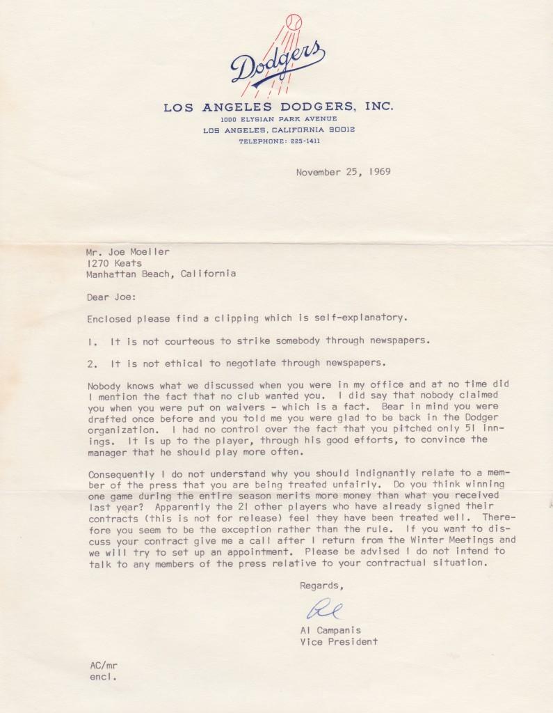 Dodger GM Al Campanis scolds Moeller in contract negotiations after the 1969 season