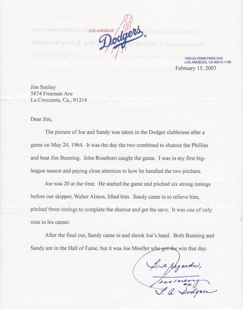 Road roommate and catcher Jeff Torborg recalls the Moeller/Koufax shutout