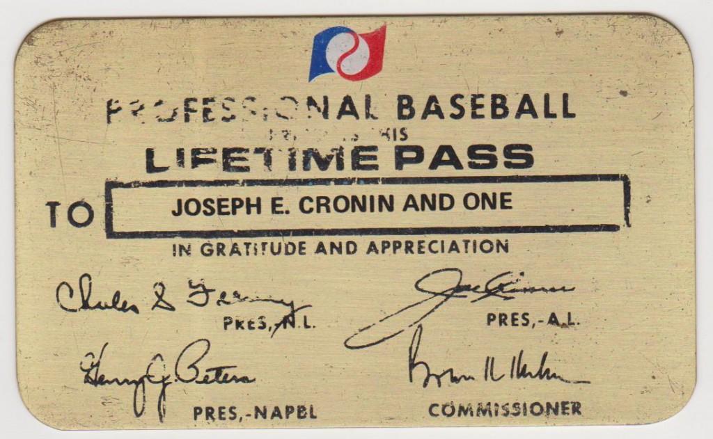 Joe Cronin's lifetime pass to all of professional baseball issued in part by Cronin himself as AL President