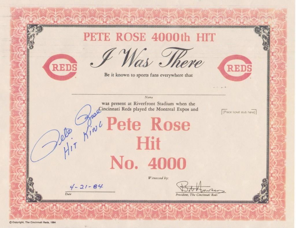 The Reds issued this oddly inaccurate certificate for Rose's 4,000th hit