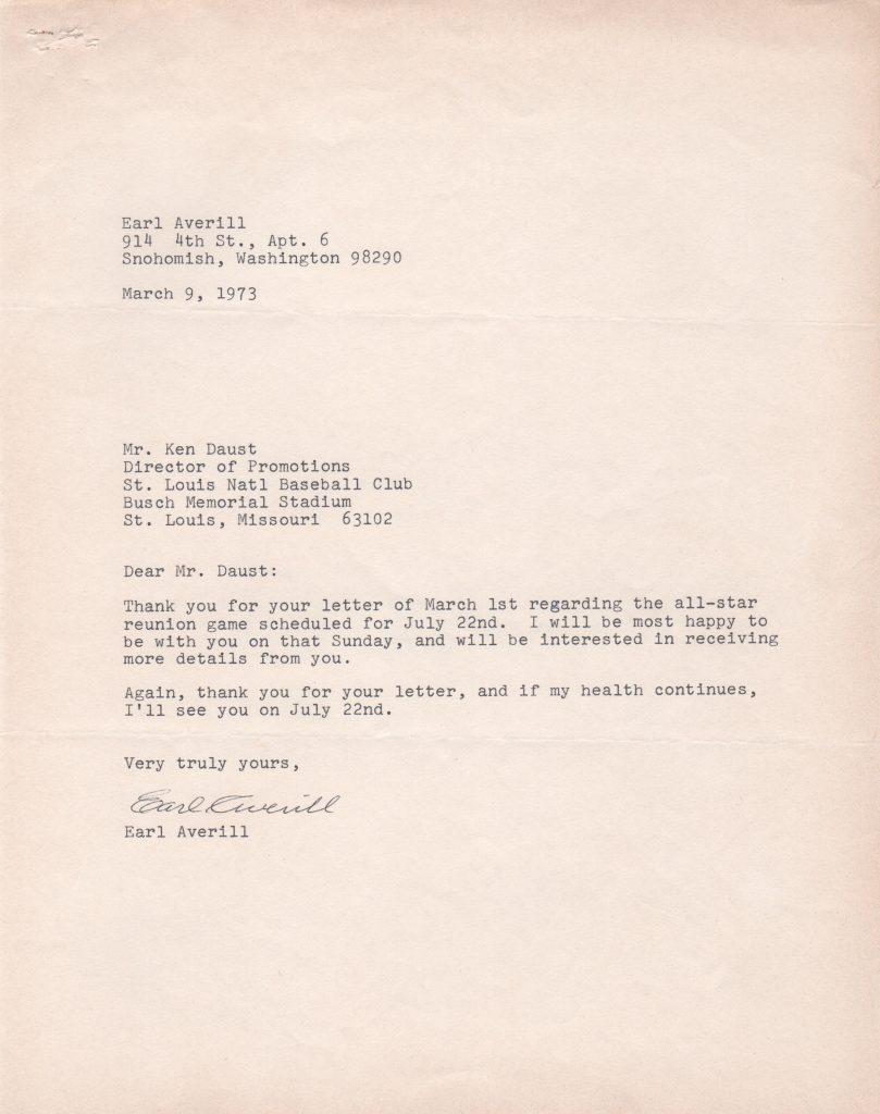 Averill played in the first six All Star games and attended 40th anniversary celebration of it