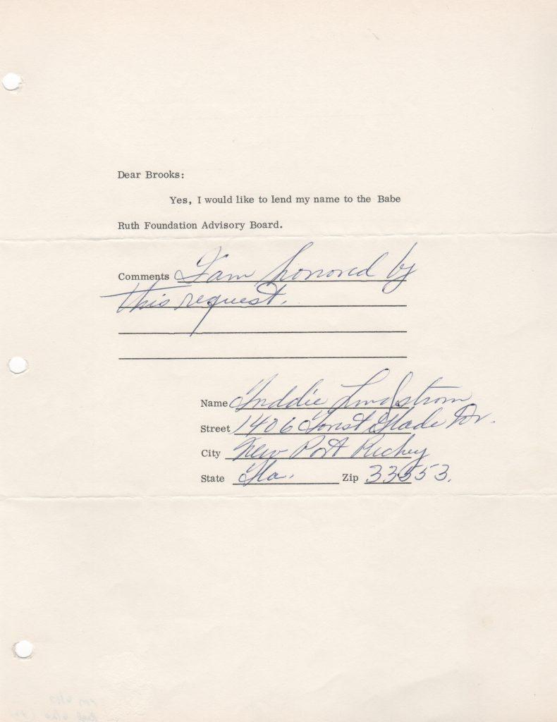 The year after his induction Fred Lindstrom joined the Babe Ruth Advisory board