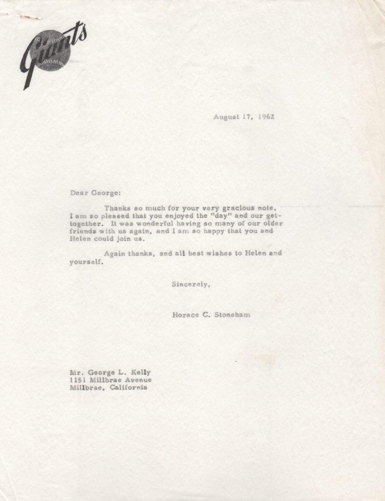 Kelly remained grateful to Giants owner Horace Stoneham for including him