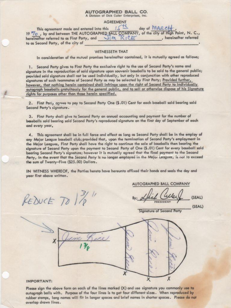 Under the terms of this contract, Rice earned one cent per ball sold at souvenir stands