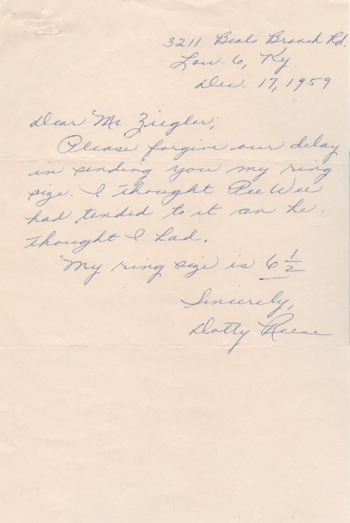 Pee Wee decided to have his 1959 World Series ring fitted for his wife Dotty