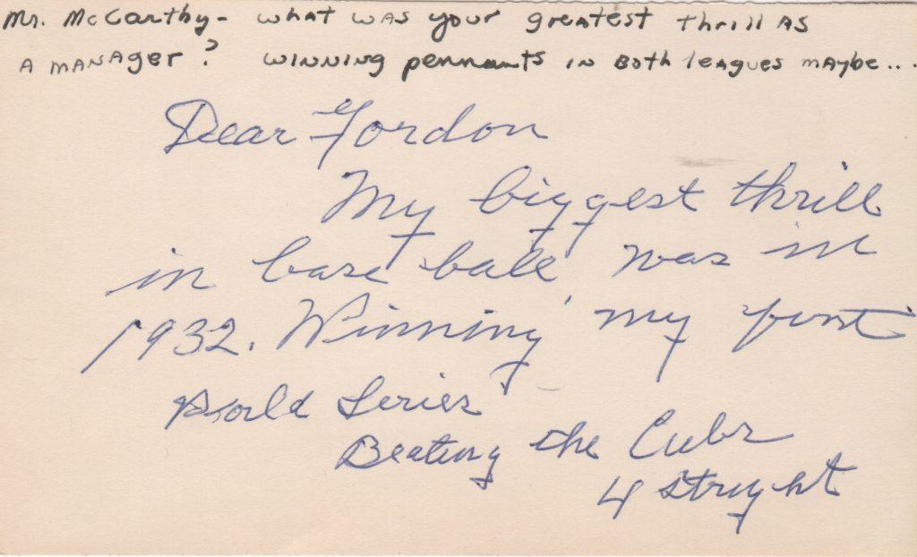 Note with Joe McCarthy's career highlight of sweeping the Cubs in the 1932 World Series