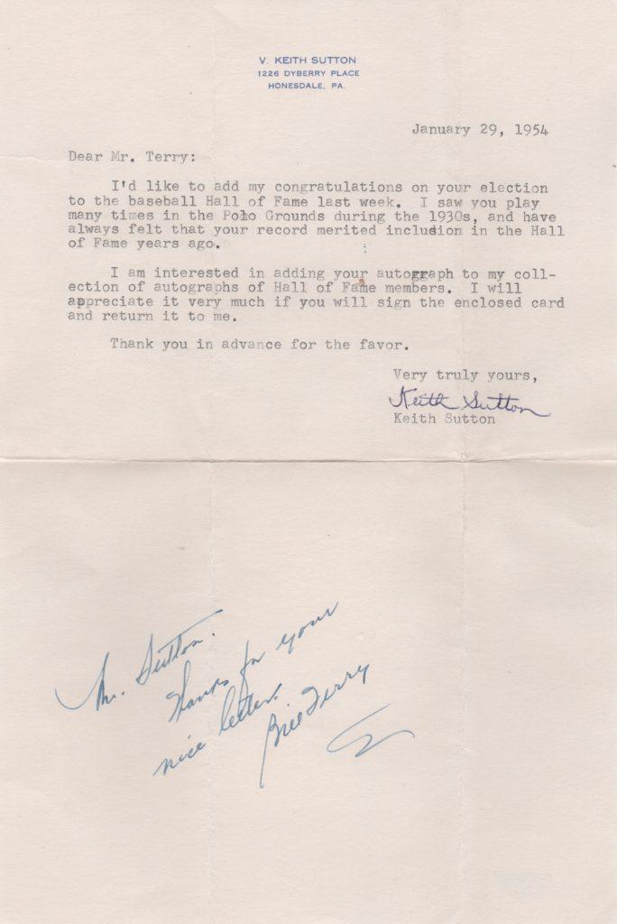 SABR founder secured Bill Terry's autograph just after he's voted into the Hall of Fame
