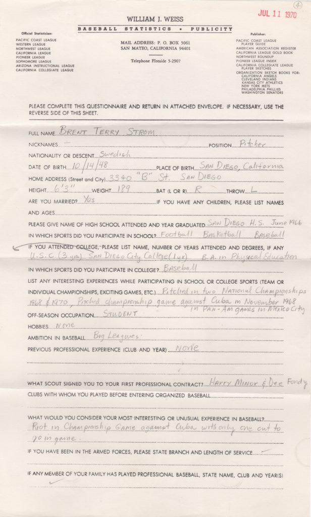 William Weiss Baseball Publicity questionnaire filled out by Brent Strom