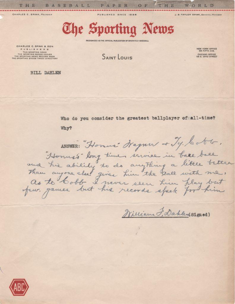 19th century star Bill Dahlen calls Honus Wager & Ty Cobb the greatest players ever