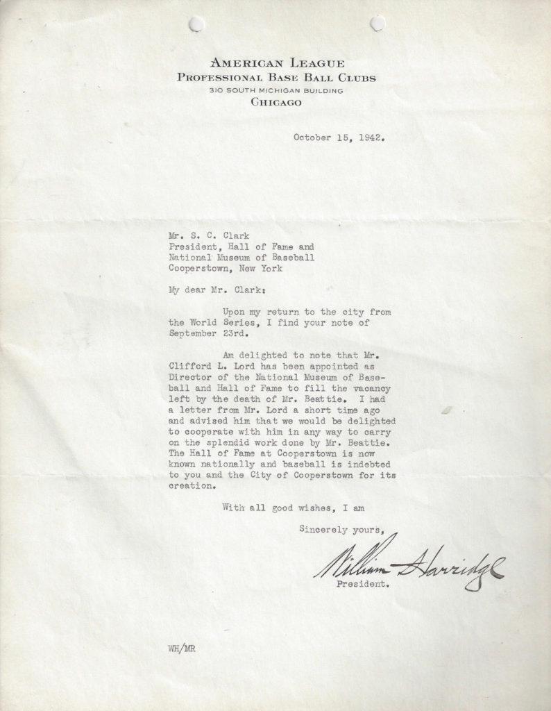 Will Harridge writes to Stephen Clark, founder of the Hall three years after its doors opened