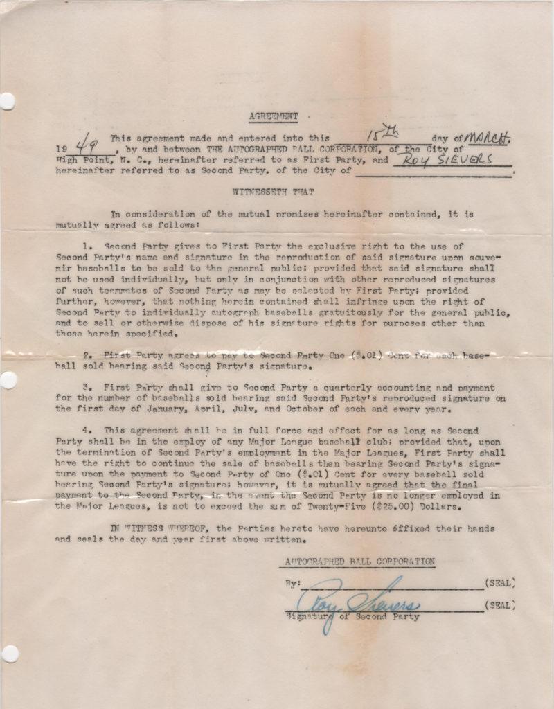 Contract for autographed souvenir baseball signed by Roy Sievers a month before his MLB debut