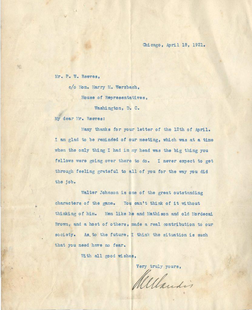 Judge Landis praises Christy Mathewson, Mordecai Brown, and Walter Johnson