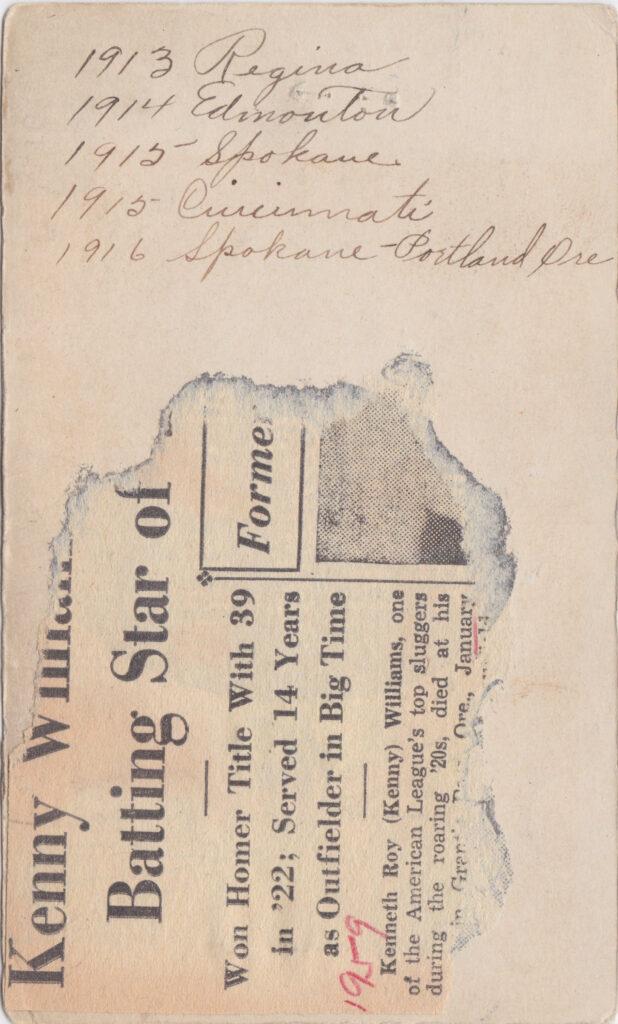 Reverse of the Ken Williams Heilbroner card with a list of the teams he played for from 1913-1916