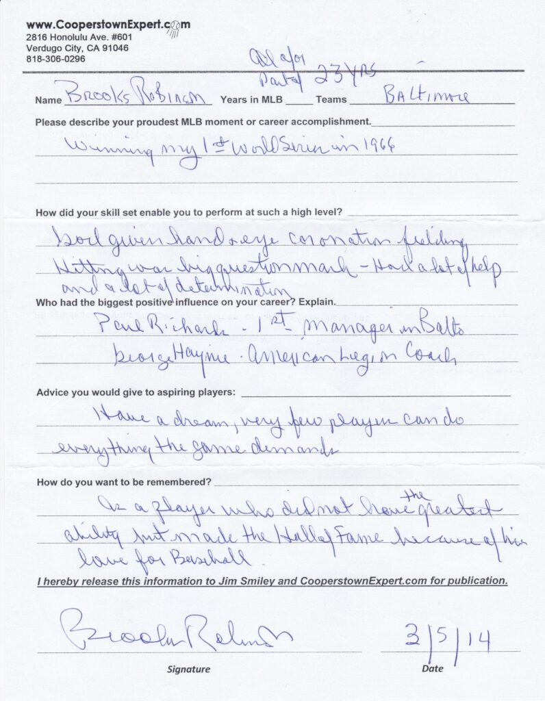 Brooks Robinson played all 23 seasons with the Baltimore Orioles