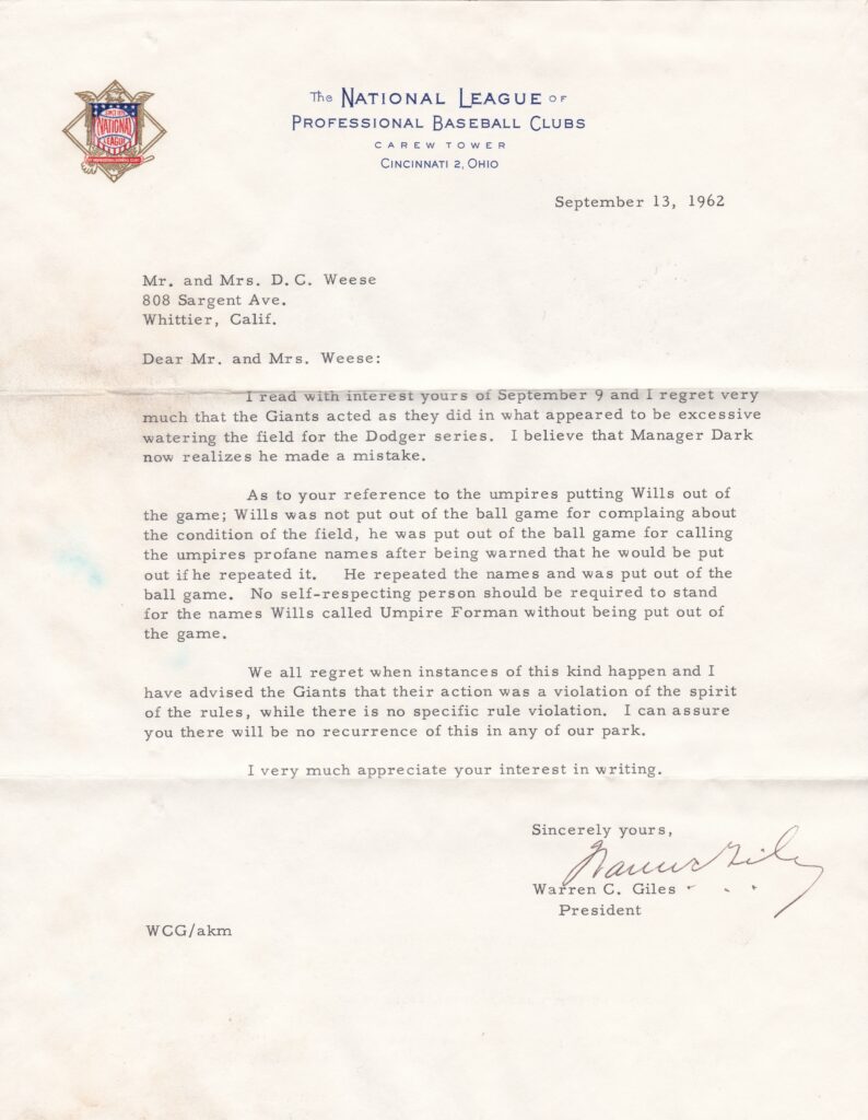 This letter from Hall of Fame executive Warren Giles is about the entire episode