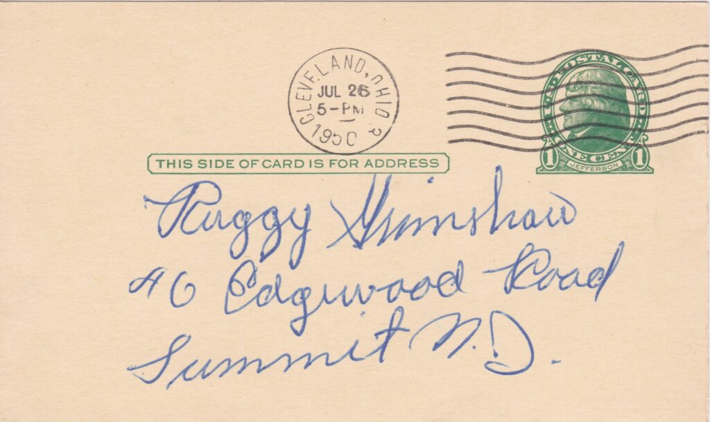 Al Rosen and the Indians beat the Philadelphia Athletics the night this card was postmarked