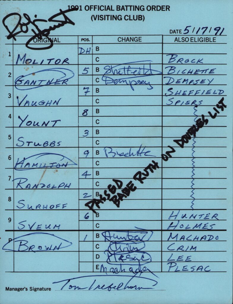 Robin Yount passed Babe Ruth's career totals in both hits and doubles